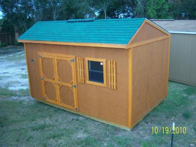10' x 16' Garden shed in cedar with green shingles